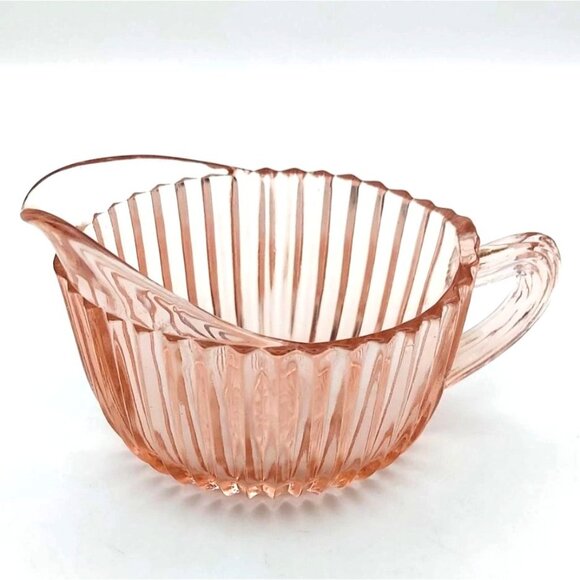Vintage Hocking Glass Pink Queen Mary Ribbed Creamer & Open Sugar Set Depression - Picture 3 of 6